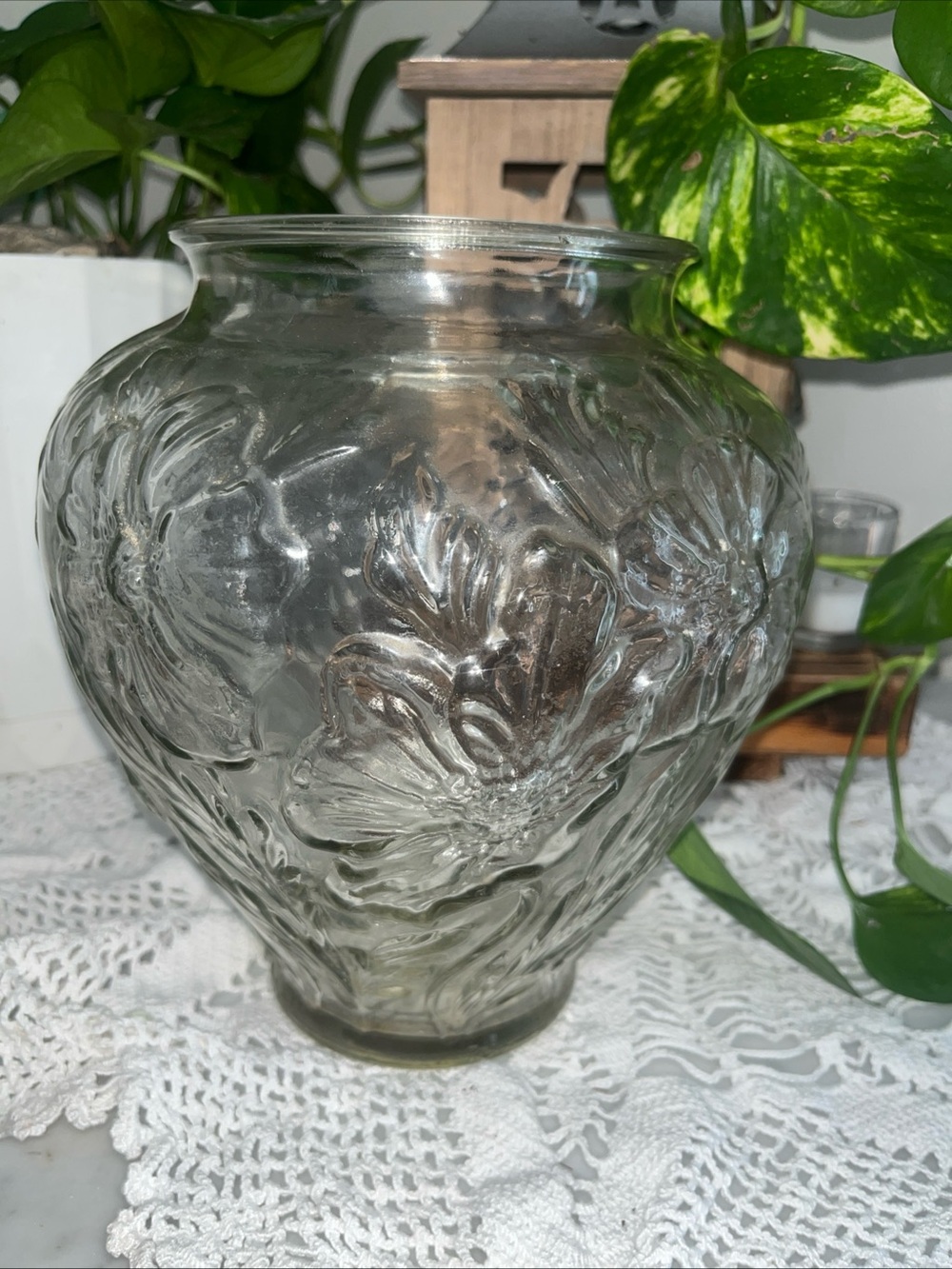 Vintage Tiffin glass clear vase with a floral design throughout 9”